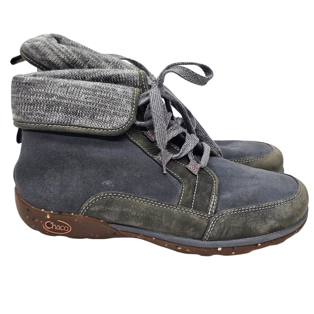 Chaco Barbary Gray/Blue Suede Leather Knit Lace Up Ankle Boot J106392 Womens 9.5